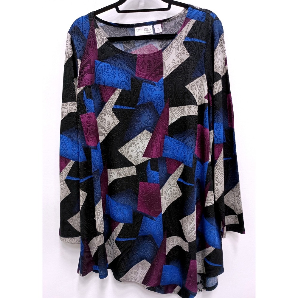 Attitudes by Renee Tunic Top Womens 1X Blue Purple Abstract Art Long Sleeve